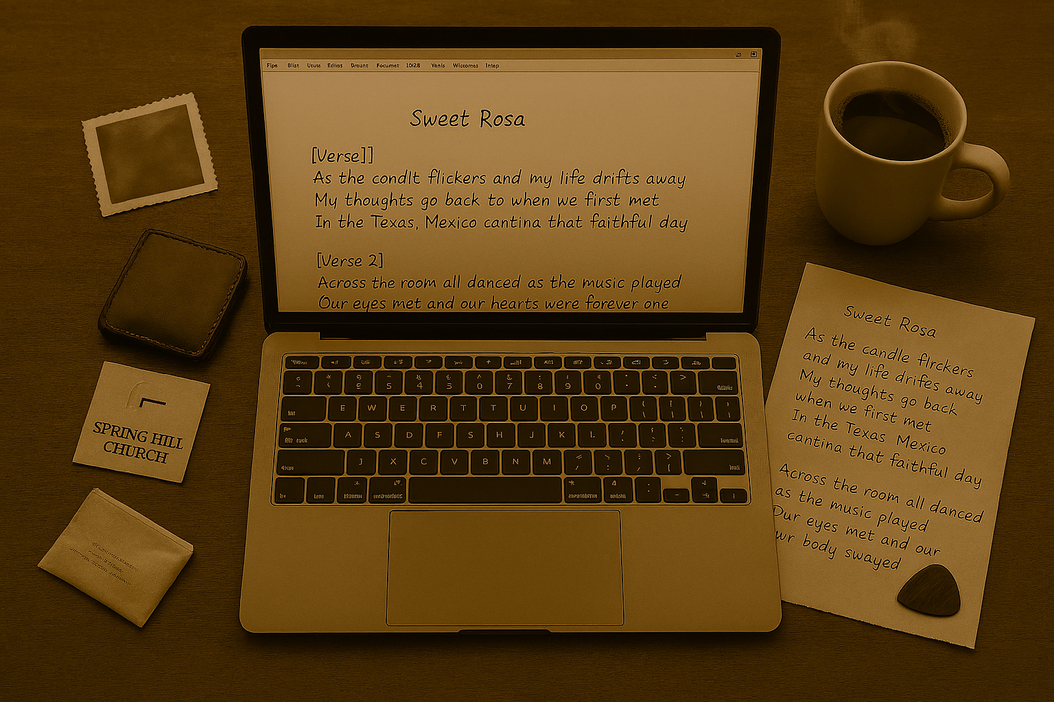 Laptop showing song lyrics beside handwritten pages and coffee